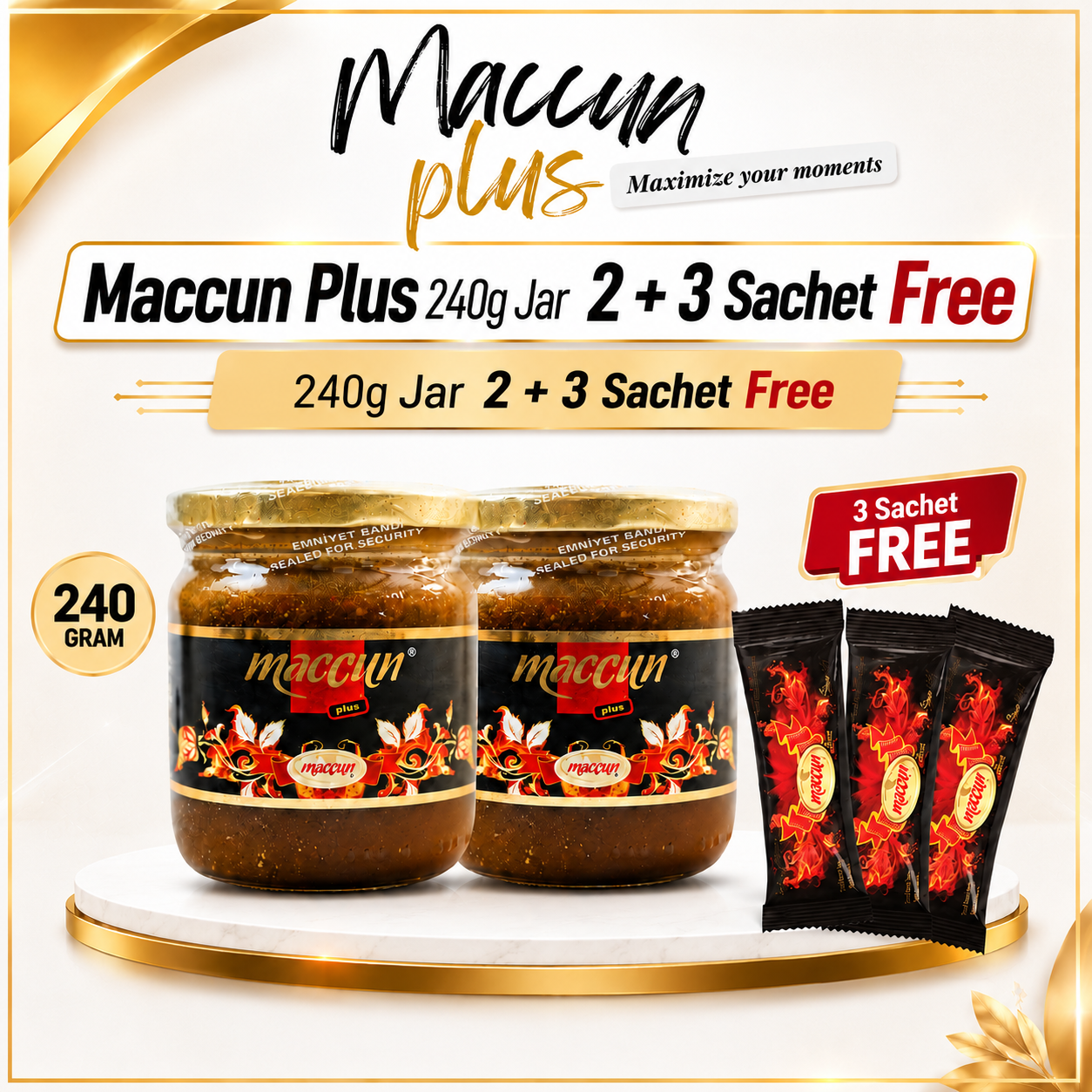Maccun Plus 240g jar 2 + 3 Sachet Gift